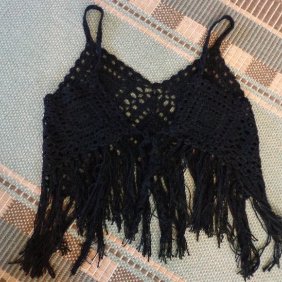Crocheted Boho Cami Vest Top XS-S Tie Front Fringe - Picture 3 of 14